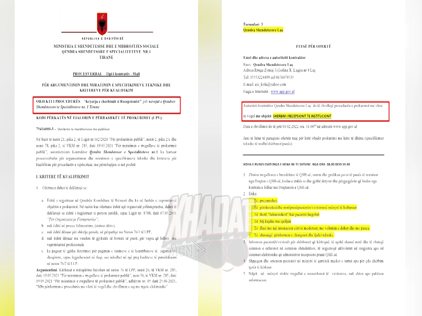“Xhadat”- Në Shqipëri, Qendrat Shëndetësore tenderojnë edhe recepsionistët