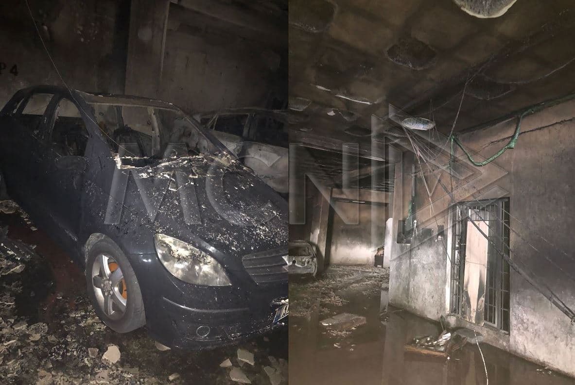 Pamje brenda garazhit ku u dogjën 4 mjete në Tiranë dhe u lënduan dhe 8 banorë (Video)