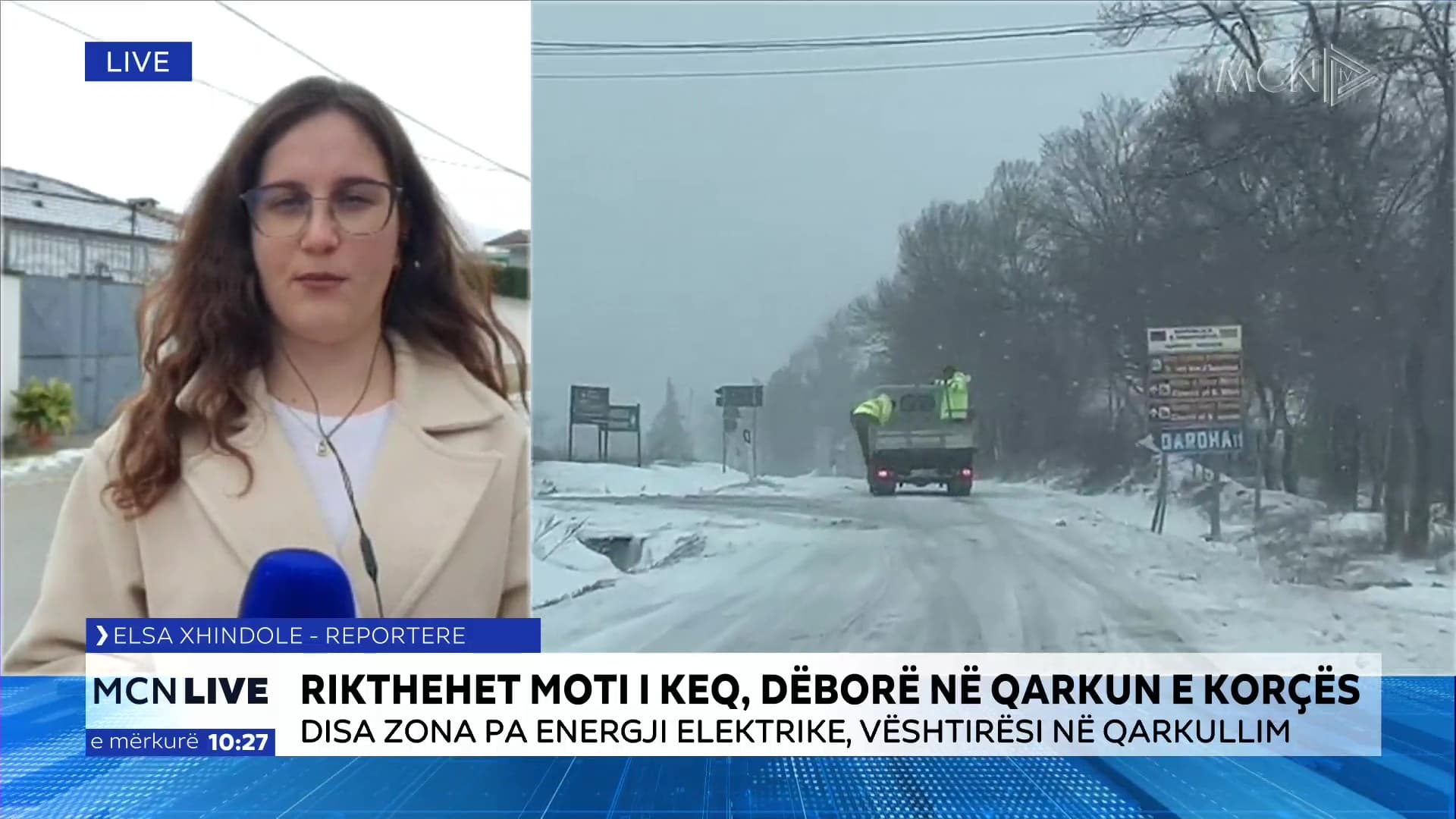 Dëborë në qarkun e Korçës/ Xhindole: Disa zona pa energji elektrike, vështirësi në qarkullim (VIDEO)