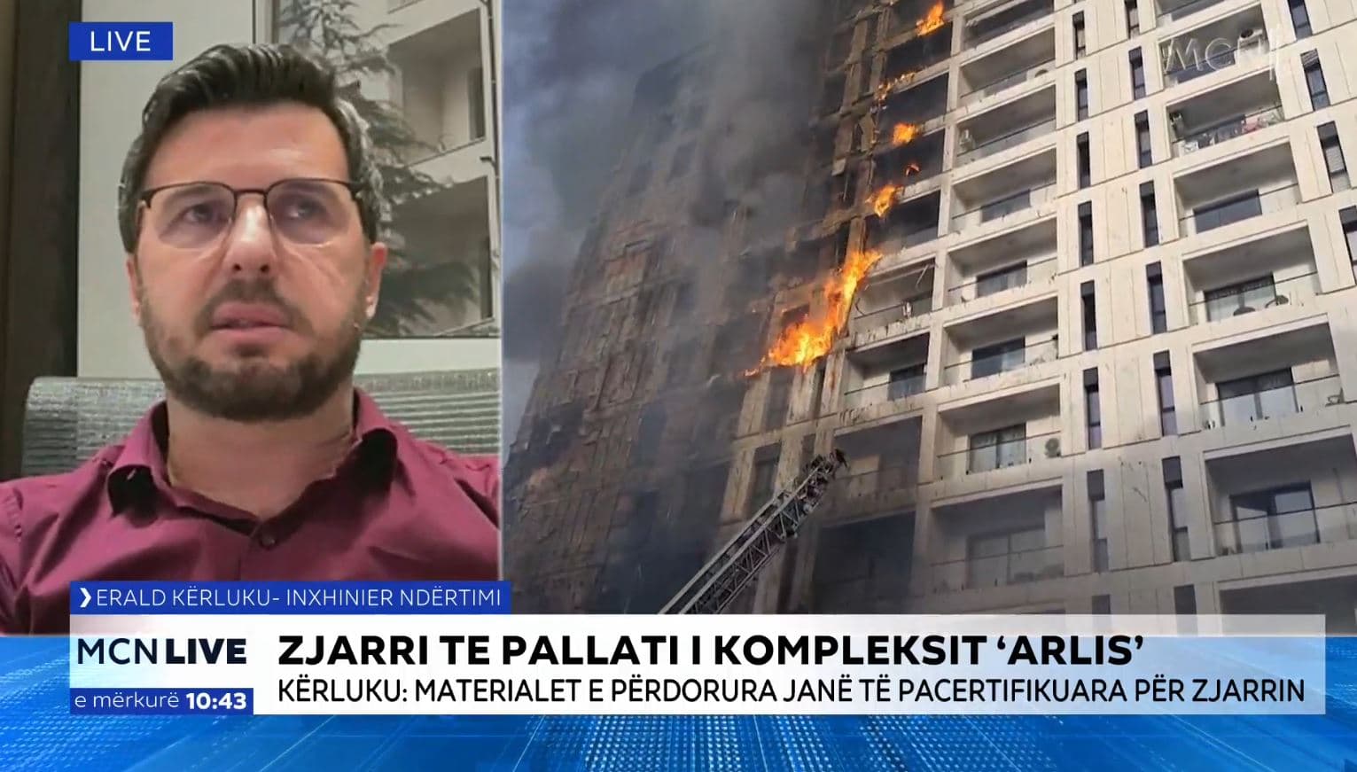 Kompleksi i “Arlis” në flakë/ Inxhinieri: Materialet e përdorura në fasadë, të pacertifikuara për zjarrin (VIDEO)