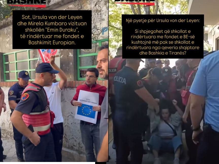 Von der Leyen inspekton shkollën “Emin Duraku” në Tiranë, procedohen penalisht 7 protestues për prishje të rendit