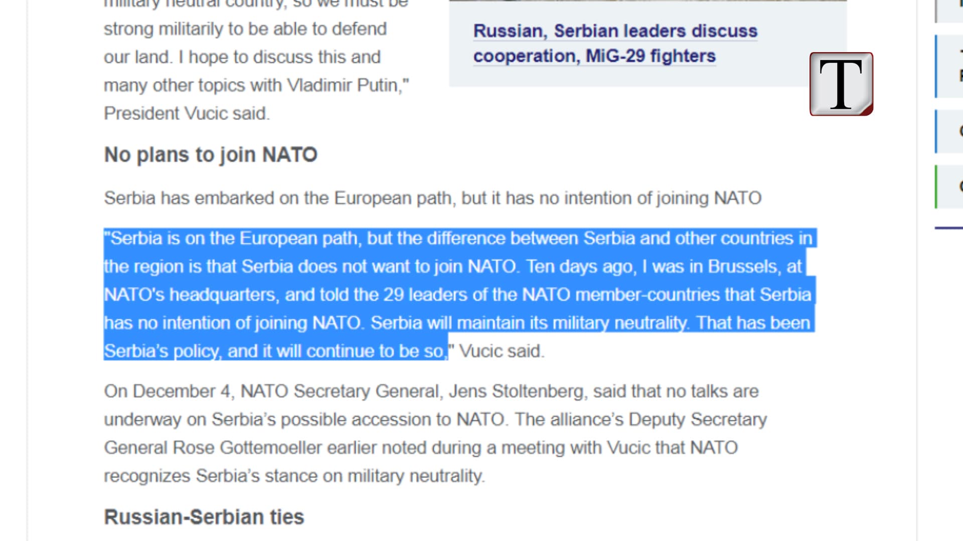 Vucic: Nuk duam t’i bashkohemi NATO-s