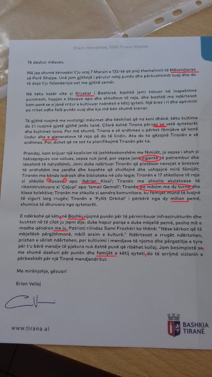 7 Marsi, mësuesit korrigjojnë letrën me të cilën i uroi Veliaj