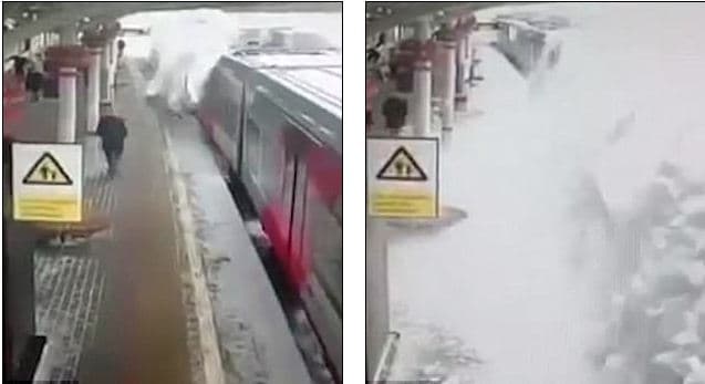 Një masiv i madh bore shkëput nga çatia në një stacion treni në Moskë (VIDEO)