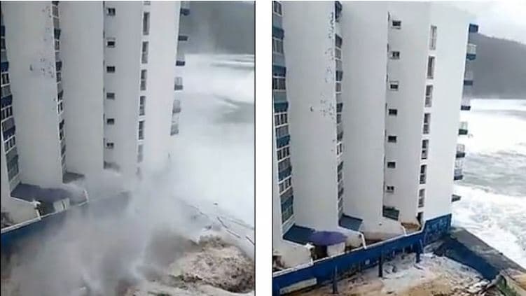 Momenti tronditës kur dallga përplaset në pallat dhe shkatërron ballkonet deri në katin e 3-të (VIDEO)