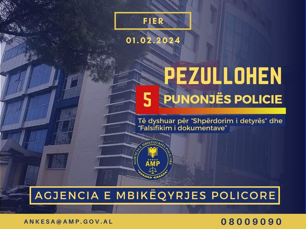 Akuza për shpërdorim detyre/ AMP pezullon nga detyra pesë policë në Fier