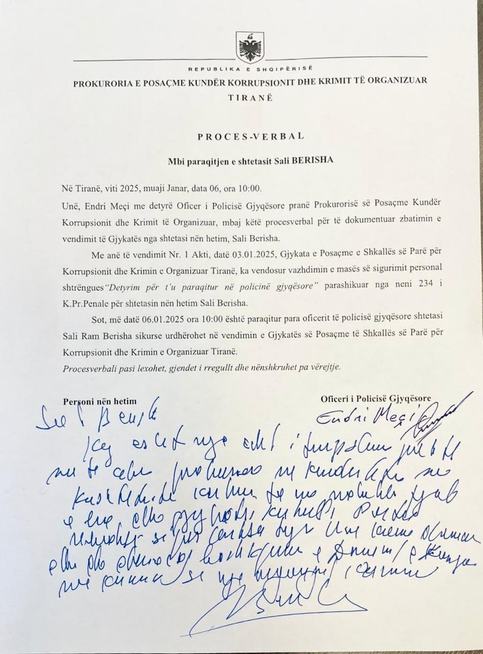 Berisha në SPAK, lë shënim në procesverbalin e OPGJ